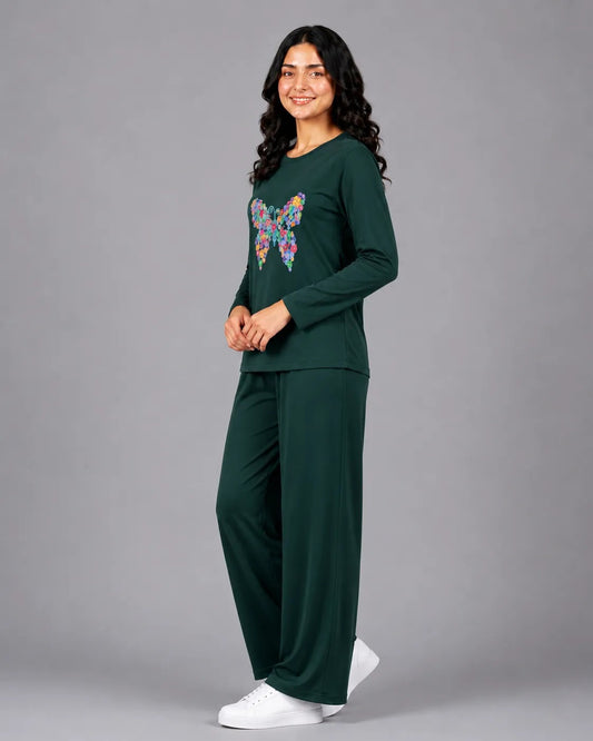 Women Round-Neck Lounge Wear | Colored Butterfly - Sherwood Green