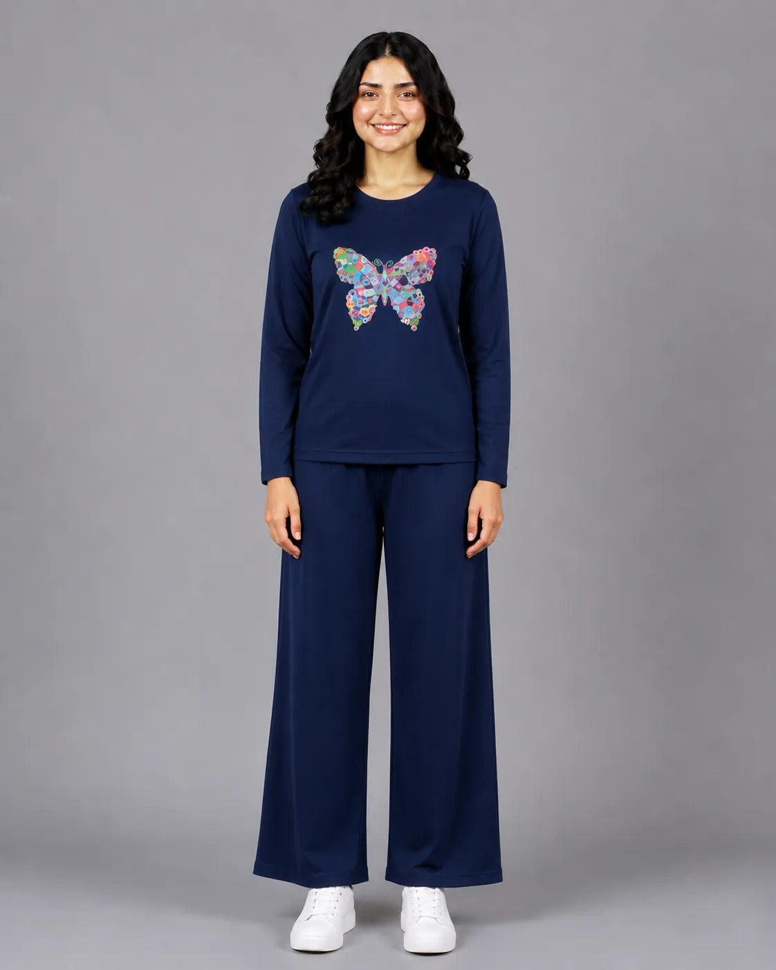 Women Round-Neck Lounge Wear | Colored Butterfly - Navy Blue