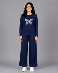 Women Round-Neck Lounge Wear | Colored Butterfly - Navy Blue
