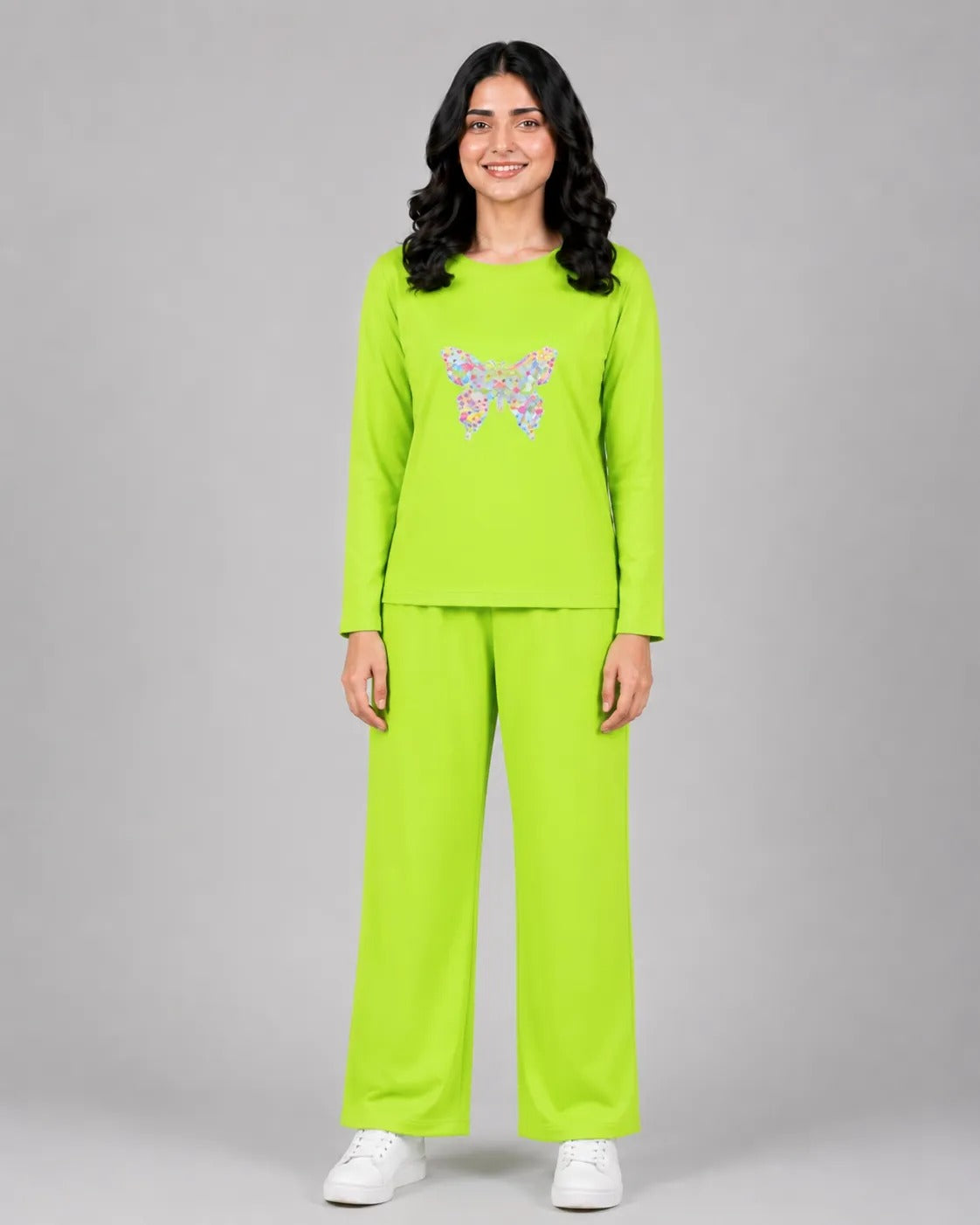 Women Round-Neck Lounge Wear | Colored Butterfly - Lemon Yellow