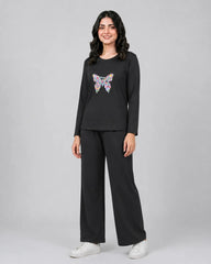 Women Round-Neck Lounge Wear | Colored Butterfly - Black