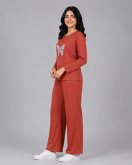 Women Round-Neck Lounge Wear | Colored Butterfly - Rusty