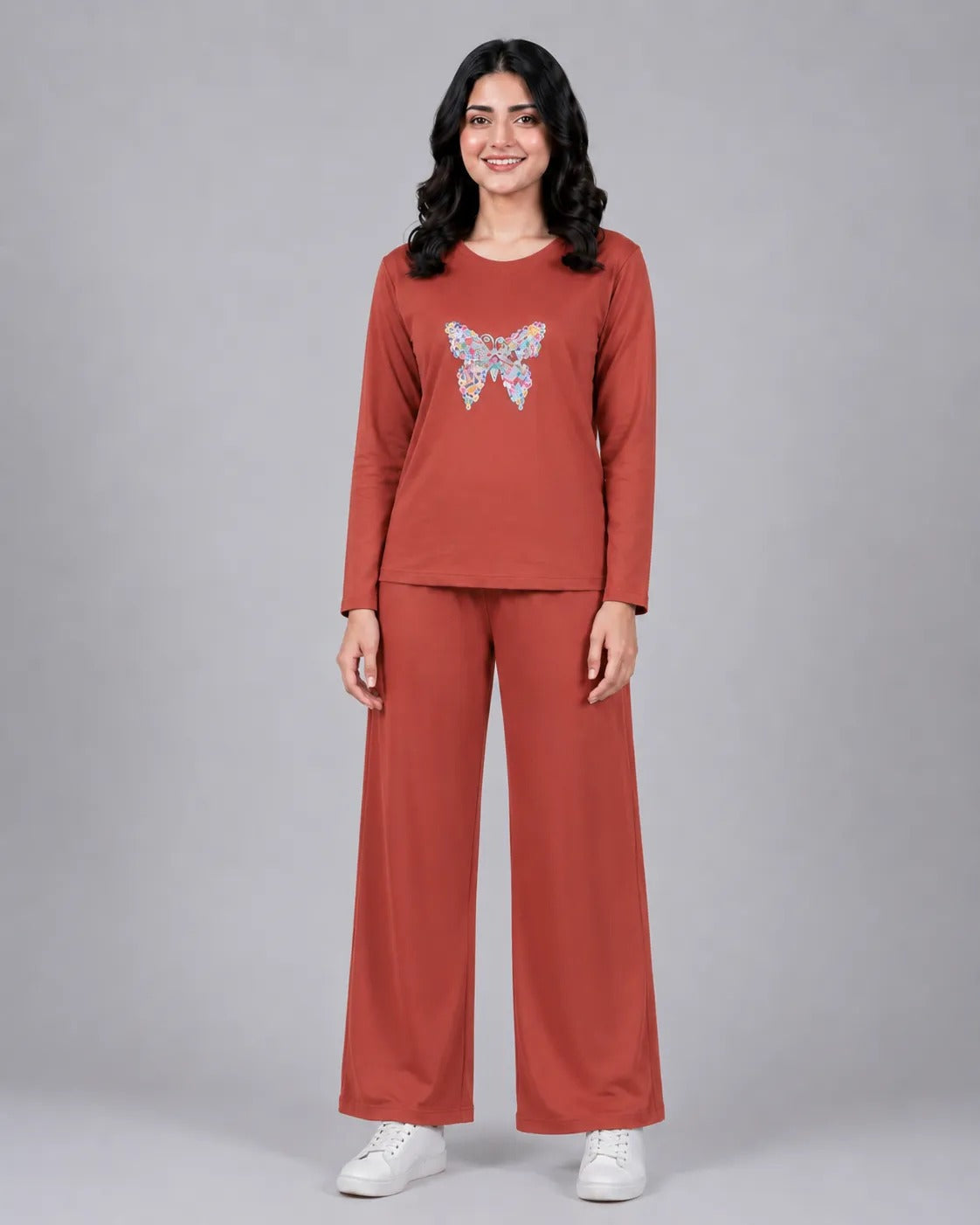 Women Round-Neck Lounge Wear | Colored Butterfly - Rusty