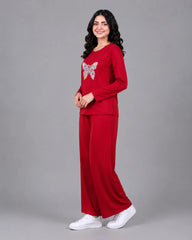 Women Round-Neck Lounge Wear | Colored Butterfly - Red
