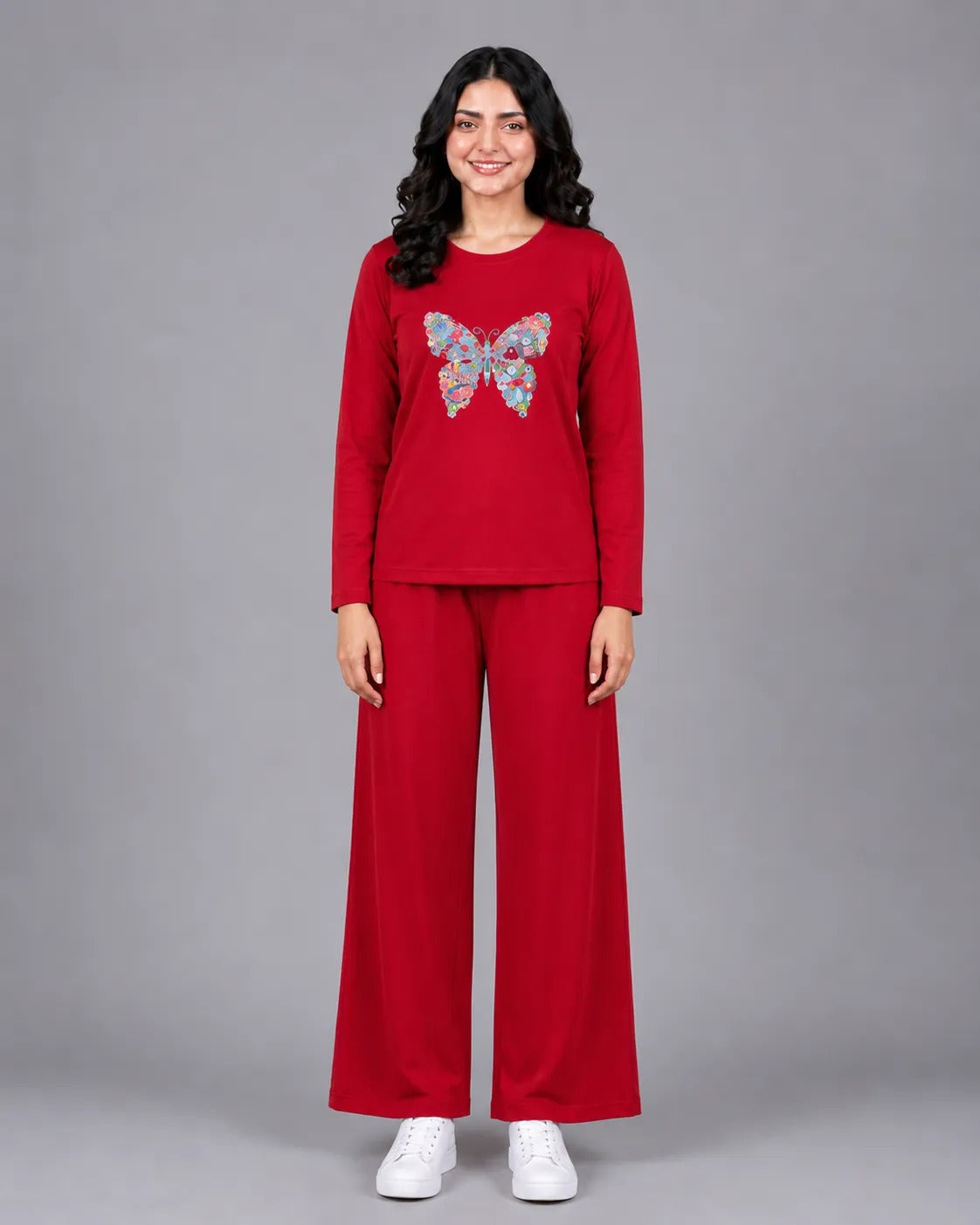 Women Round-Neck Lounge Wear | Colored Butterfly - Red
