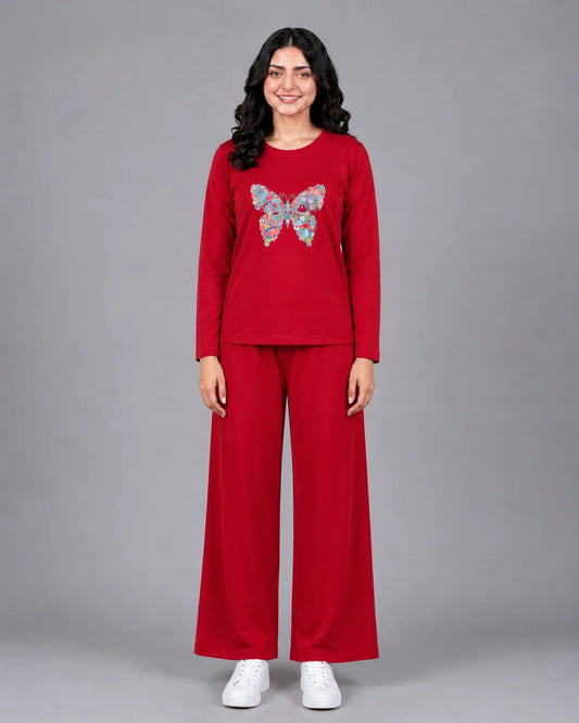 Women Round-Neck Lounge Wear | Colored Butterfly - Red