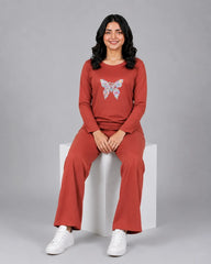 Women Round-Neck Lounge Wear | Colored Butterfly - Rusty