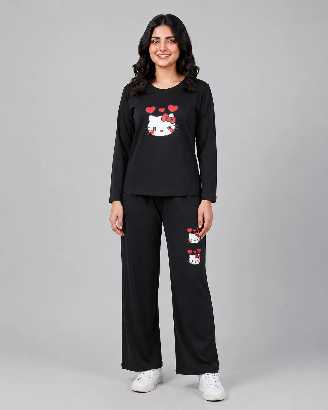Women Round-Neck Lounge Wear | Hello Kitty - Black