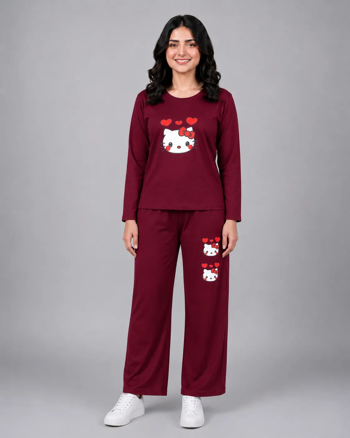 Women Round-Neck Lounge Wear | Hello Kitty - Maroon
