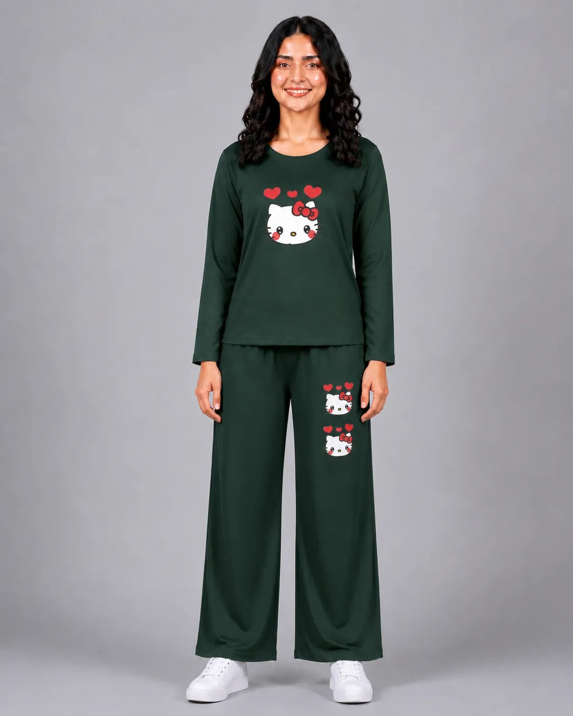 Women Round-Neck Lounge Wear | Hello Kitty - Sherwood Green