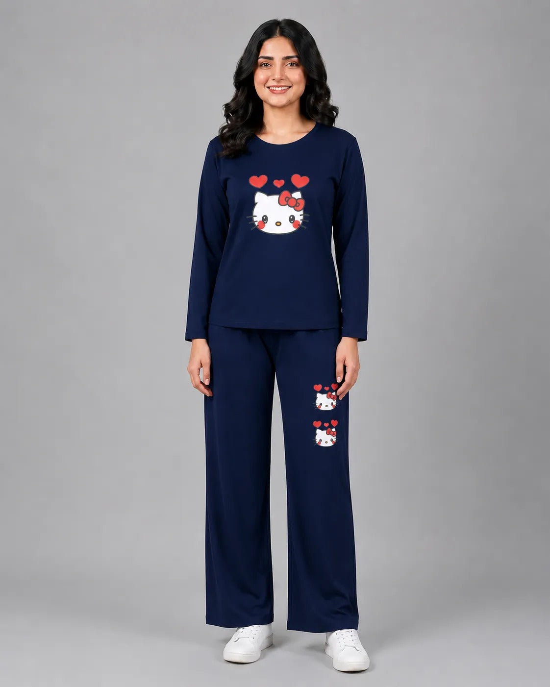 Women Round-Neck Lounge Wear | Hello Kitty - Navy Blue