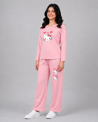 Women Round-Neck Lounge Wear | Hello Kitty - Baby Pink
