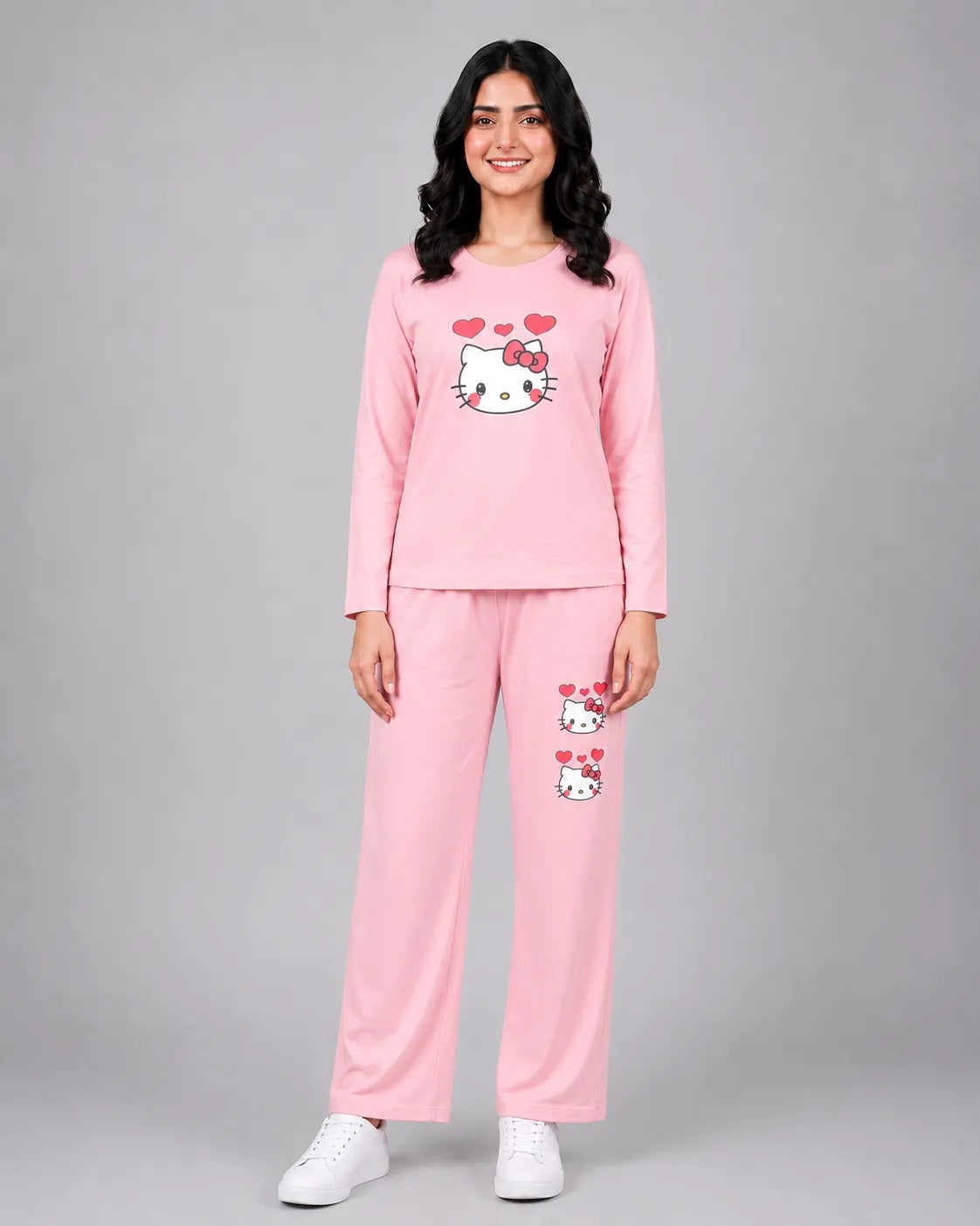 Women Round-Neck Lounge Wear | Hello Kitty - Baby Pink