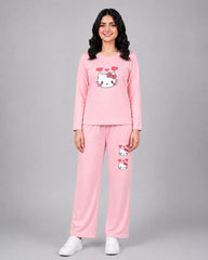 Women Round-Neck Lounge Wear | Hello Kitty - Baby Pink