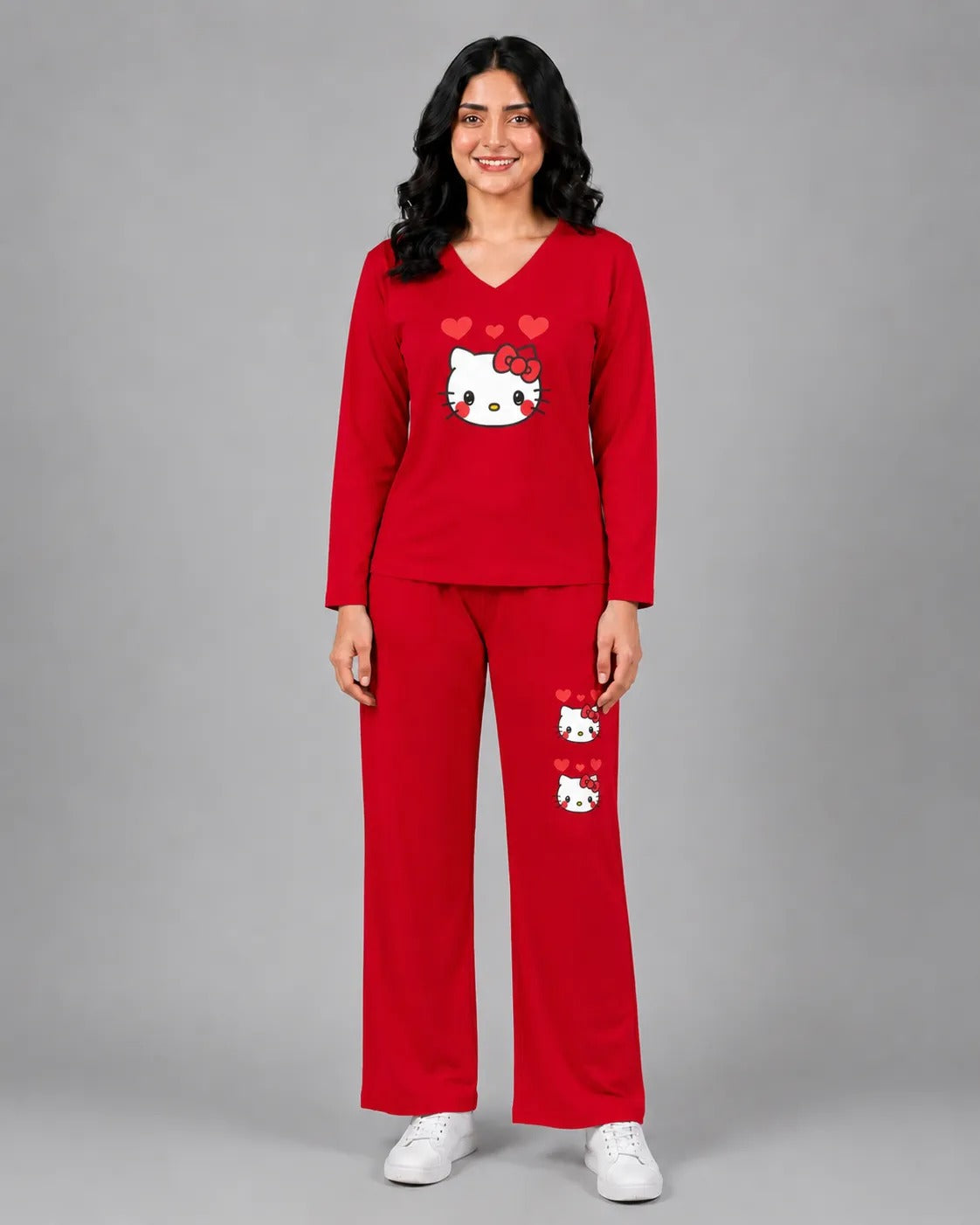 Women V-Neck Lounge Wear | Hello Kitty - Red