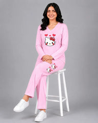 Women V-Neck Lounge Wear | Hello Kitty - Baby Pink