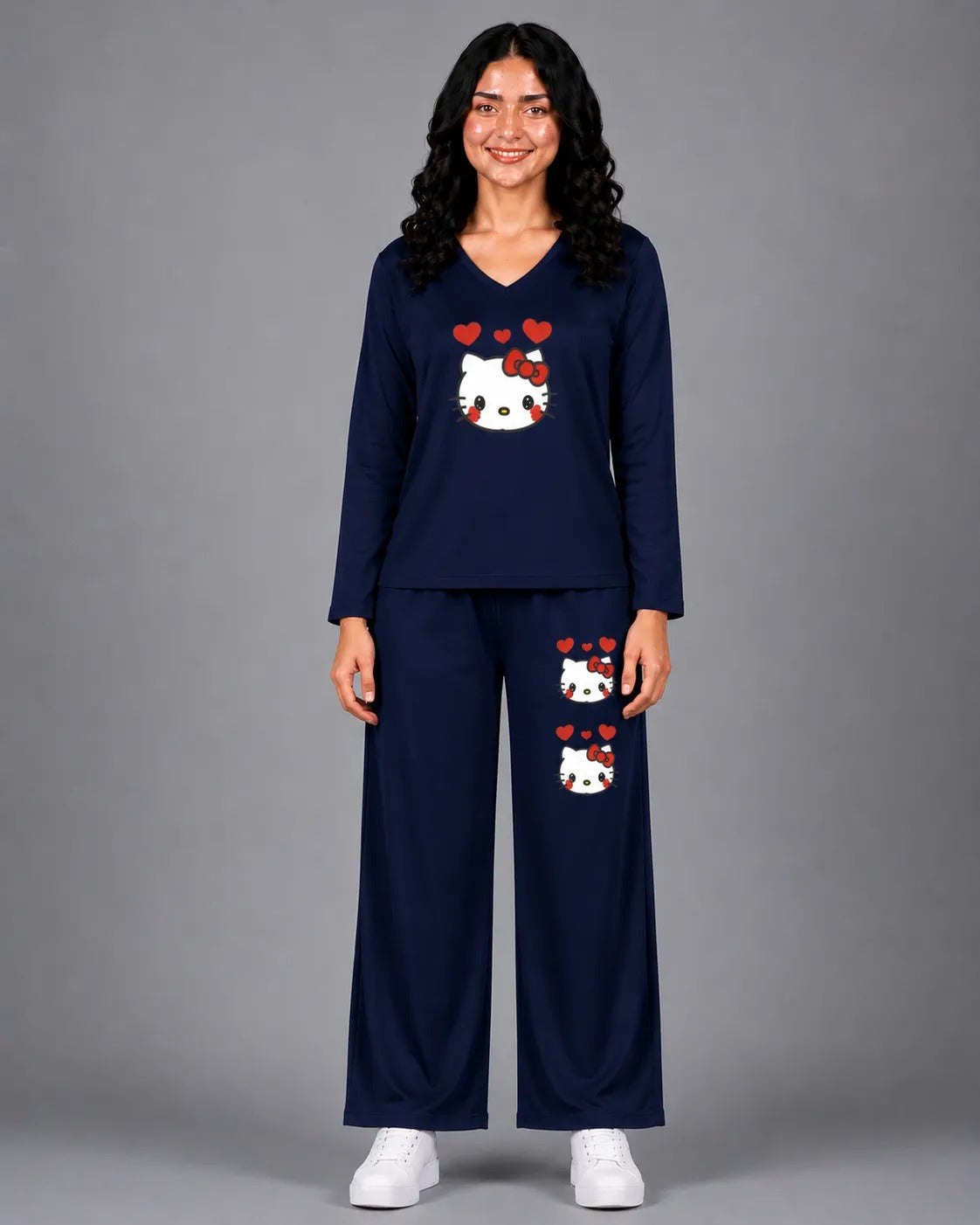 Women V-Neck Lounge Wear | Hello Kitty - Navy Blue