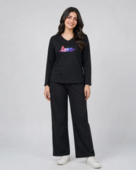 Women V-Neck Lounge Wear | Multi Love - Black