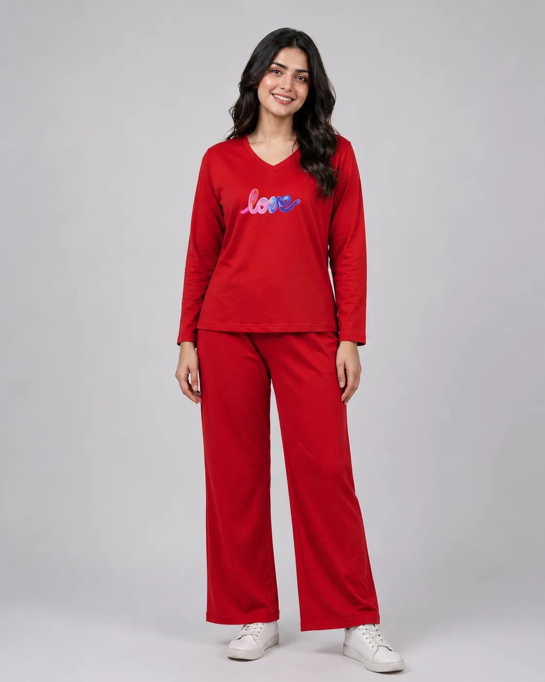 Women V-Neck Lounge Wear | Multi Love - Red