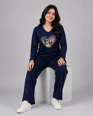 Women V-Neck Lounge Wear | Love Color - Navy Blue