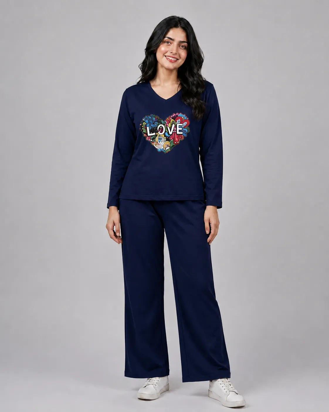 Women V-Neck Lounge Wear | Love Color - Navy Blue