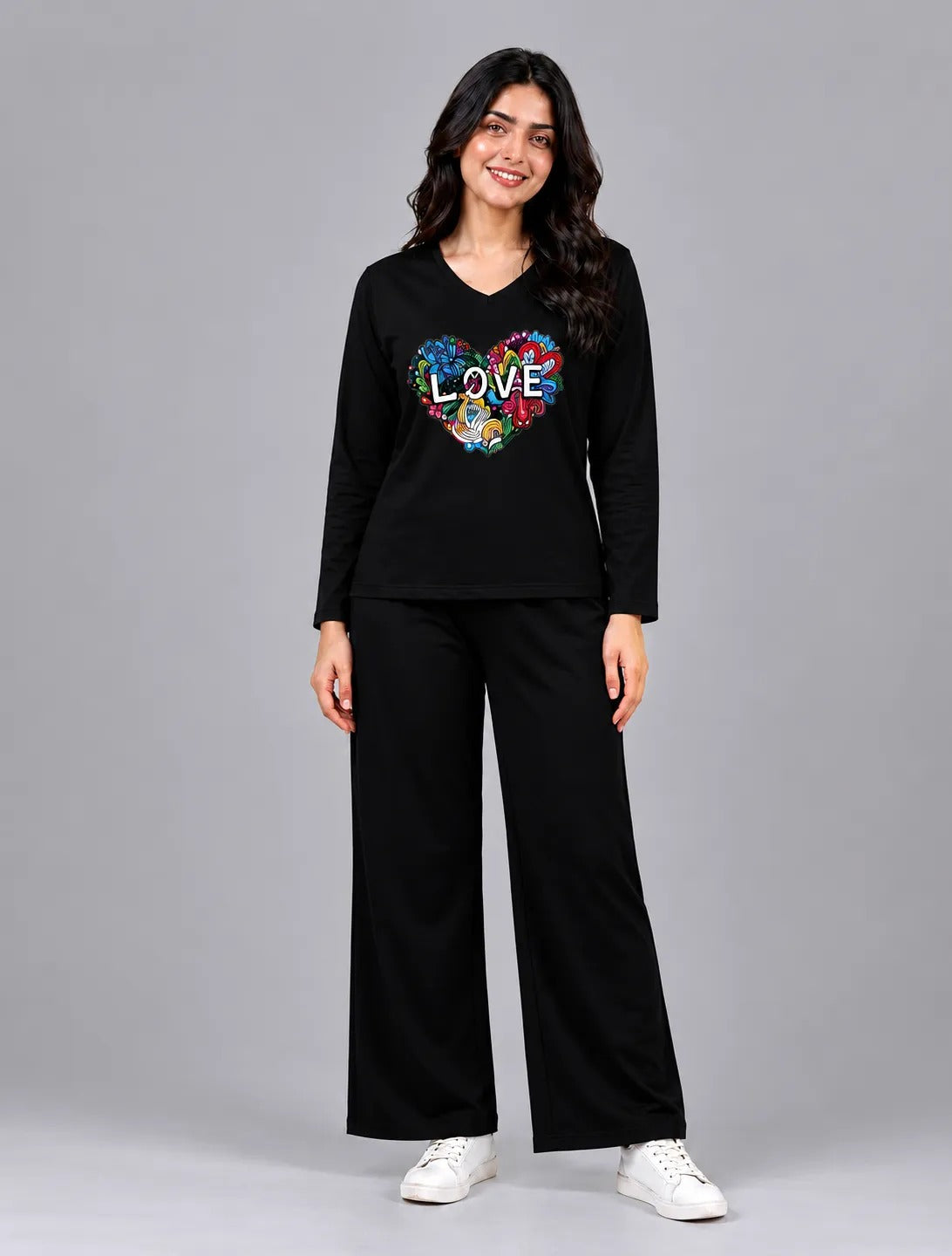 Women V-Neck Lounge Wear | Love Color - Black