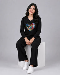 Women V-Neck Lounge Wear | Love Color - Black