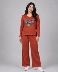 Women V-Neck Lounge Wear | Love Color - Rusty