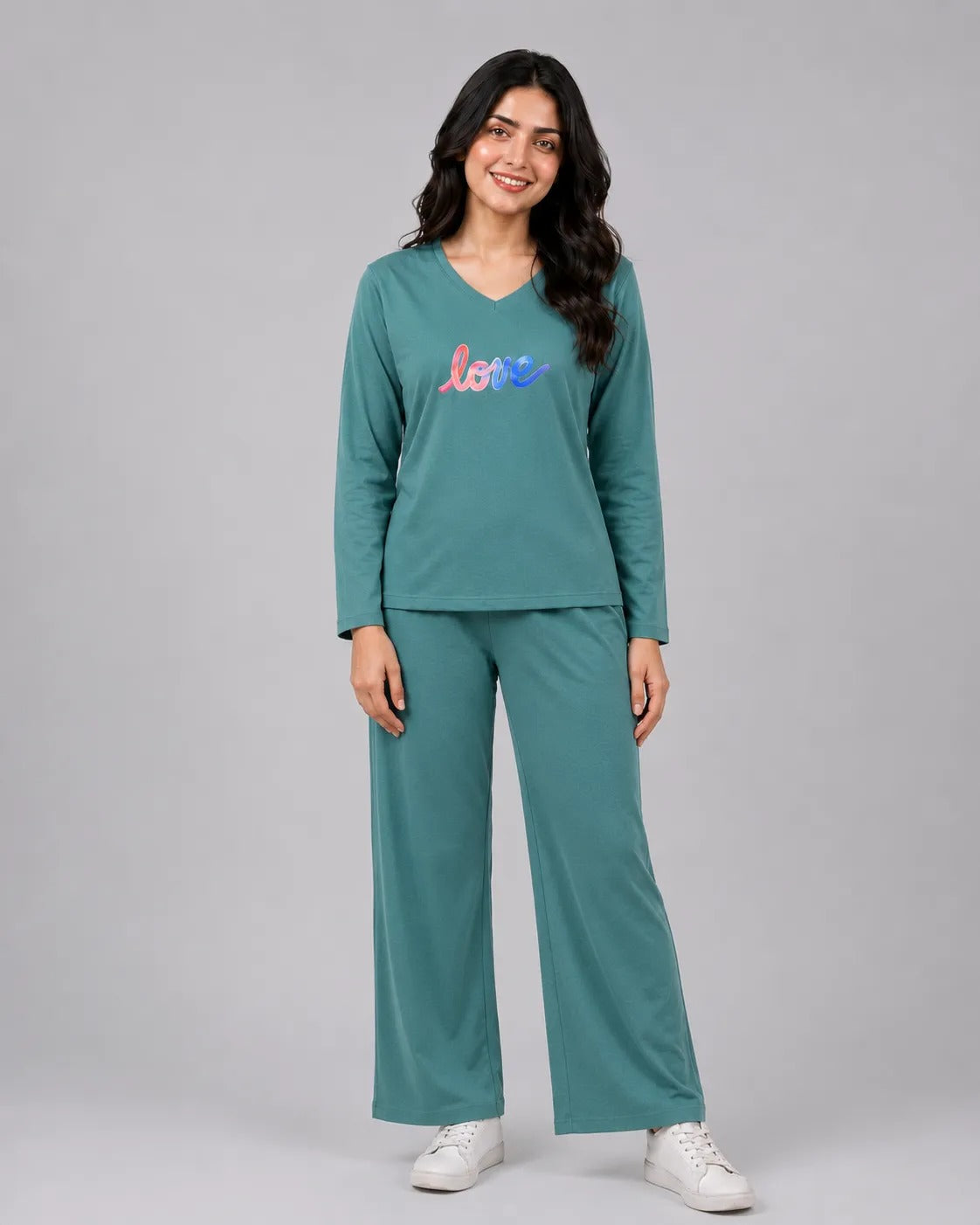 Women V-Neck Lounge Wear | Multi Love - Sherwood Green