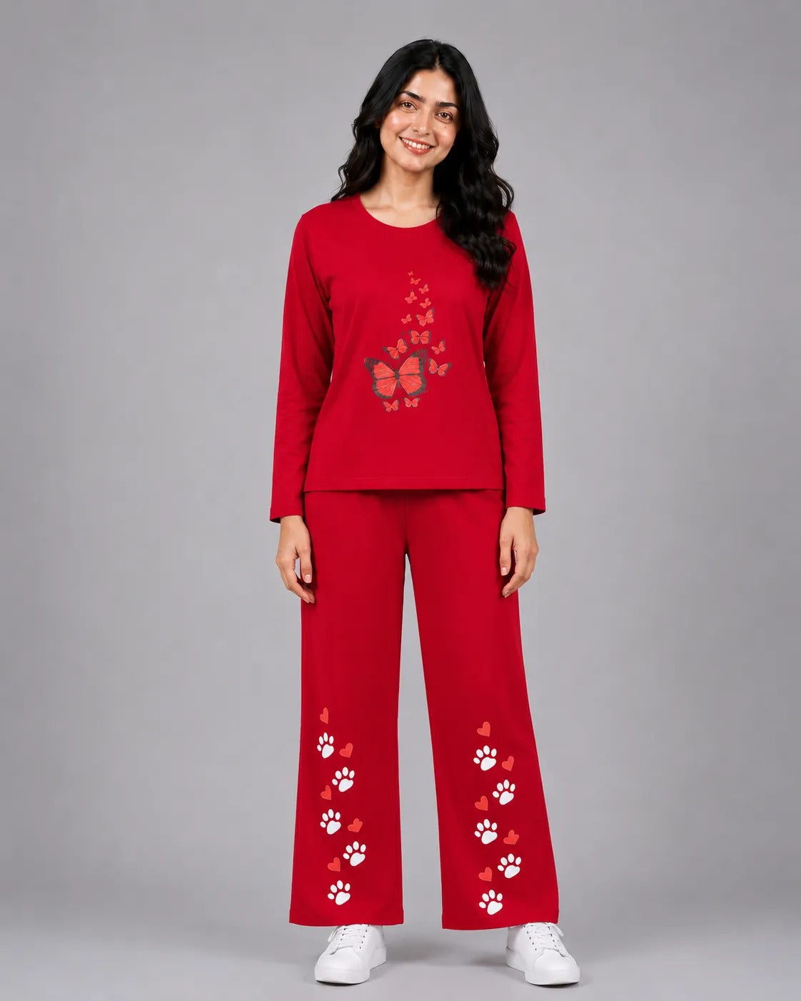 Women Round-Neck Lounge Wear | Red Butterfly - Red