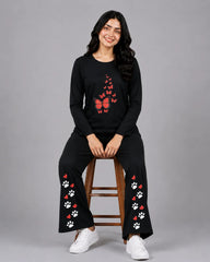 Women Round-Neck Lounge Wear | Red Butterfly - Black