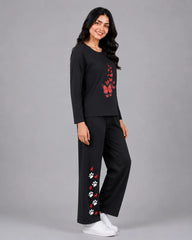 Women Round-Neck Lounge Wear | Red Butterfly - Black