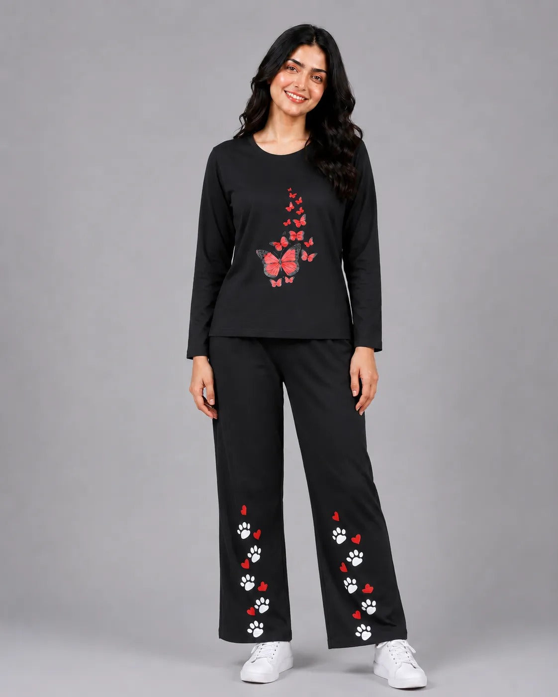 Women Round-Neck Lounge Wear | Red Butterfly - Black