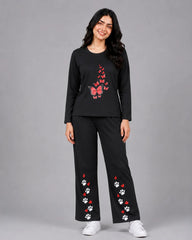 Women Round-Neck Lounge Wear | Red Butterfly - Black