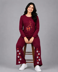 Women Round-Neck Lounge Wear | Red Butterfly - Maroon