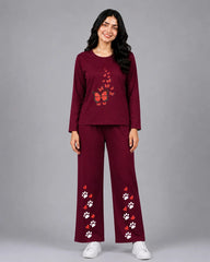 Women Round-Neck Lounge Wear | Red Butterfly - Maroon
