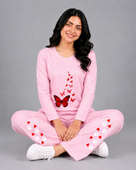 Women Round-Neck Lounge Wear | Red Butterfly - Baby Pink