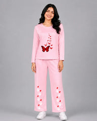 Women Round-Neck Lounge Wear | Red Butterfly - Baby Pink