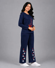 Women Round-Neck Lounge Wear | Red Butterfly - Navy Blue