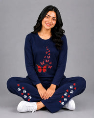 Women Round-Neck Lounge Wear | Red Butterfly - Navy Blue