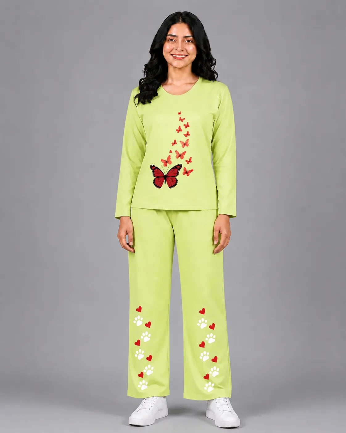 Women Round-Neck Lounge Wear | Red Butterfly - Lemon Yellow