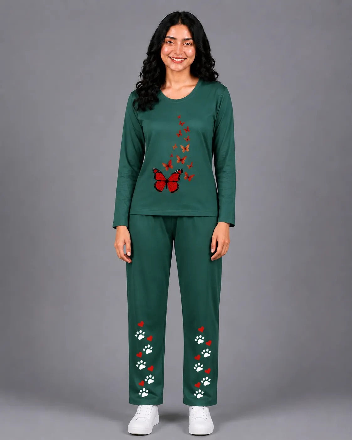 Women Round-Neck Lounge Wear | Red Butterfly - Sherwood Green
