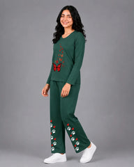 Women Round-Neck Lounge Wear | Red Butterfly - Sherwood Green