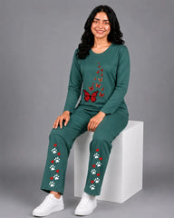 Women Round-Neck Lounge Wear | Red Butterfly - Sherwood Green