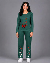 Women Round-Neck Lounge Wear | Red Butterfly - Sherwood Green