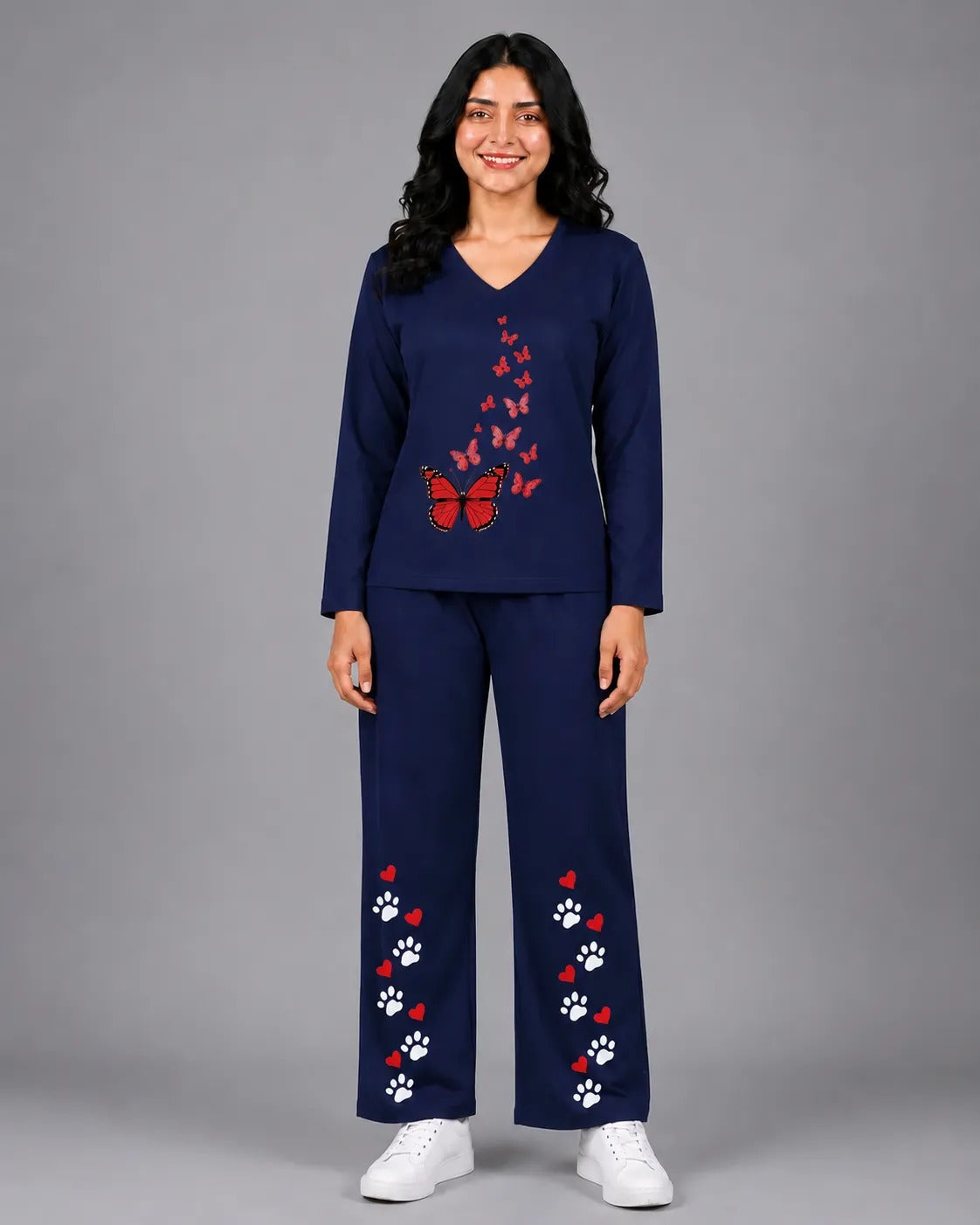 Women V-Neck Lounge Wear | Red Butterfly - Navy Blue