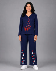 Women V-Neck Lounge Wear | Red Butterfly - Navy Blue