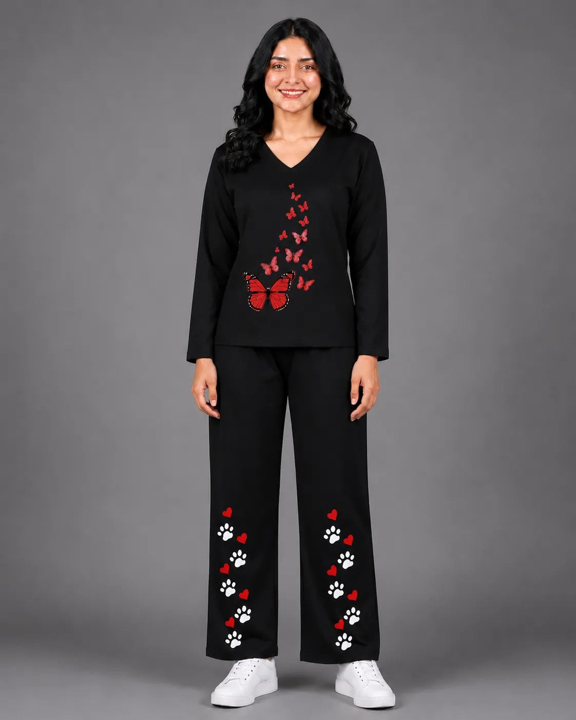 Women V-Neck Lounge Wear | Red Butterfly - Black