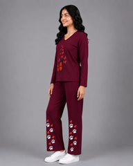Women V-Neck Lounge Wear | Red Butterfly - Maroon
