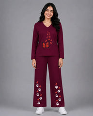 Women V-Neck Lounge Wear | Red Butterfly - Maroon